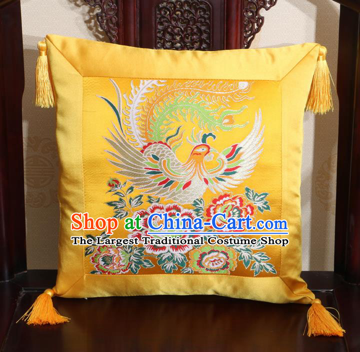 Chinese Classical Phoenix Peony Pattern Golden Brocade Square Cushion Cover Traditional Household Ornament