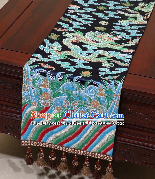 Chinese Traditional Dragon Pattern Navy Brocade Table Flag Classical Satin Household Ornament Table Cover