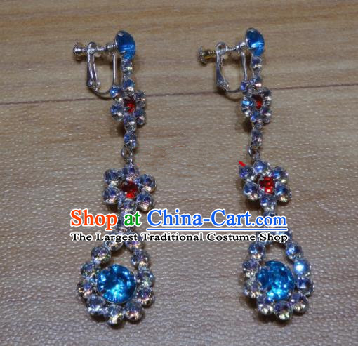 Chinese Traditional Beijing Opera Blue Crystal Earrings Peking Opera Diva Ear Accessories for Adults