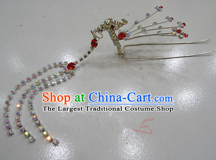 Chinese Traditional Beijing Opera Diva Red Crystal Phoenix Hairpins Princess Tassel Hair Clip Hair Accessories for Adults