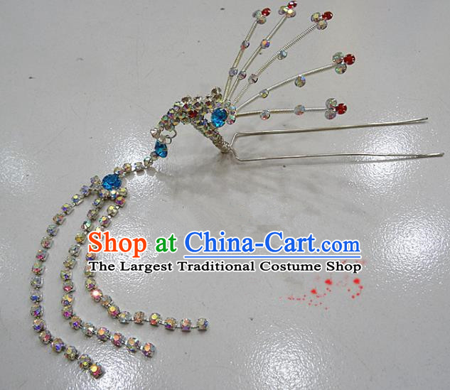 Chinese Traditional Beijing Opera Diva Blue Crystal Phoenix Hairpins Princess Tassel Hair Clip Hair Accessories for Adults