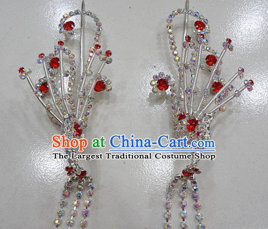 Chinese Traditional Beijing Opera Diva Red Phoenix Hairpins Princess Crystal Tassel Hair Clip Hair Accessories for Adults