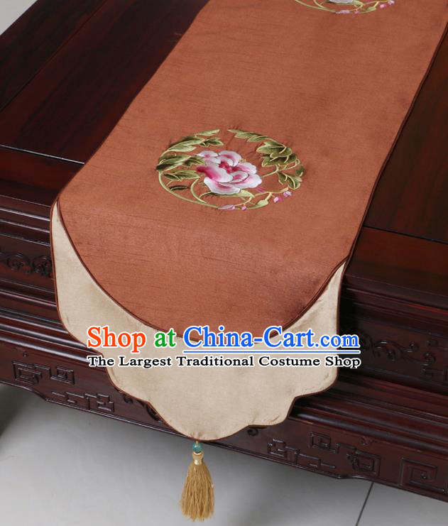 Chinese Traditional Embroidered Peony Brown Brocade Table Cloth Classical Satin Household Ornament Table Flag