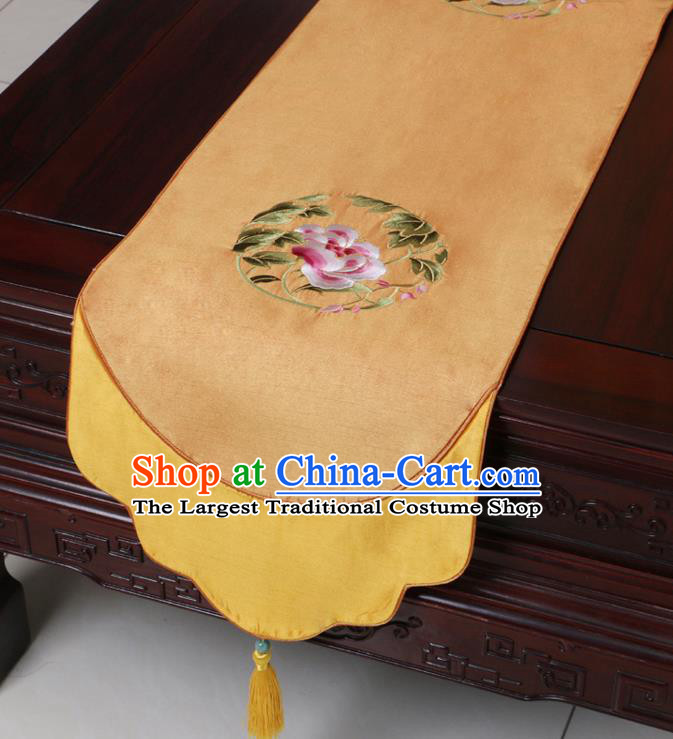 Chinese Traditional Embroidered Peony Golden Brocade Table Cloth Classical Satin Household Ornament Table Flag