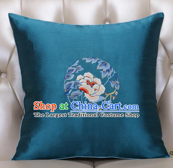 Chinese Traditional Embroidered Peony Peacock Blue Brocade Back Cushion Cover Classical Household Ornament