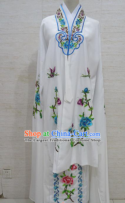 Chinese Traditional Beijing Opera Embroidered Peony White Dress Peking Opera Diva Costume for Adults
