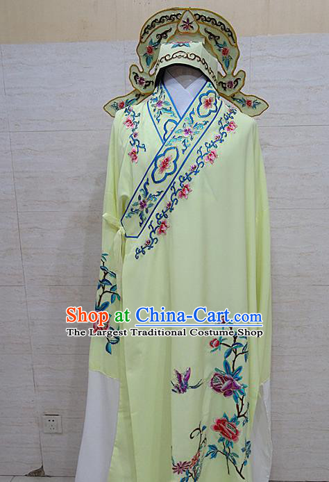 Professional Chinese Beijing Opera Niche Embroidered Peony Light Yellow Robe Traditional Peking Opera Scholar Costume for Adults