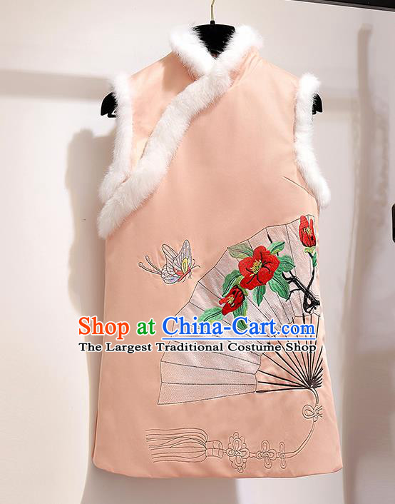 Chinese Traditional Costume Tang Suit Pink Vest Cheongsam Upper Outer Garment for Women