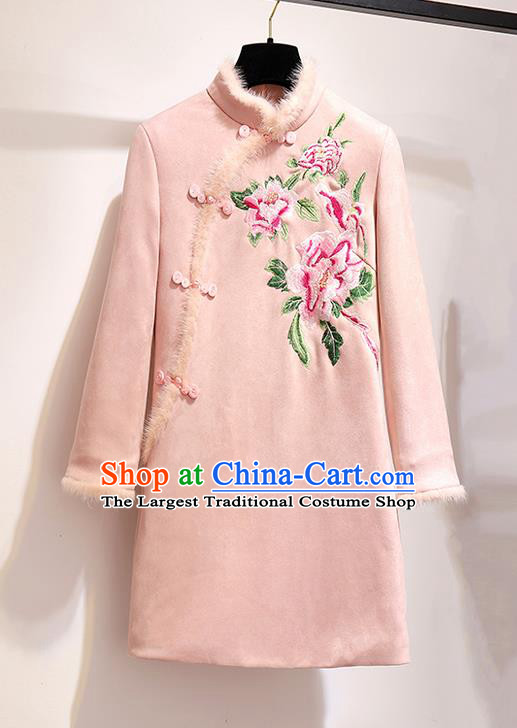 Chinese Traditional Tang Suit Costume Embroidered Peony Pink Cotton Wadded Qipao Dress Cheongsam for Women