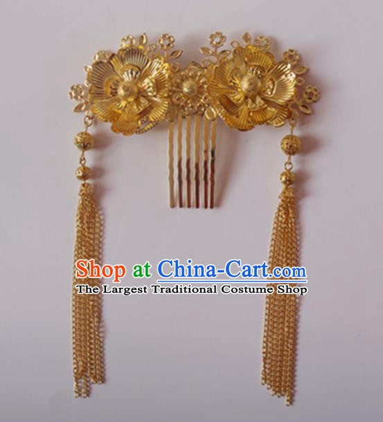 Chinese Traditional Wedding Hair Accessories Golden Hair Comb Ancient Princess Hairpins for Women