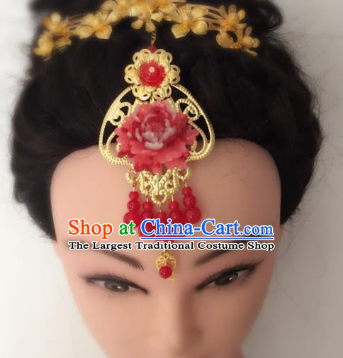 Chinese Traditional Hair Accessories Wedding Red Peony Tassel Eyebrows Pendant Ancient Princess Hairpins for Women