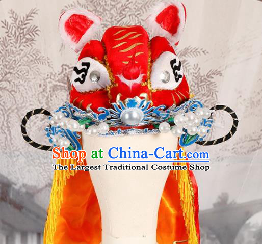 Chinese Traditional Beijing Opera Takefu Headwear Ancient Warrior Red Tiger Head Hat