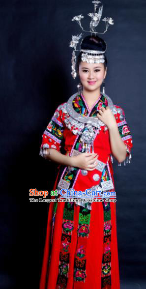 Chinese Traditional Miao Nationality Wedding Costume Hmong Ethnic Folk Dance Red Dress for Women