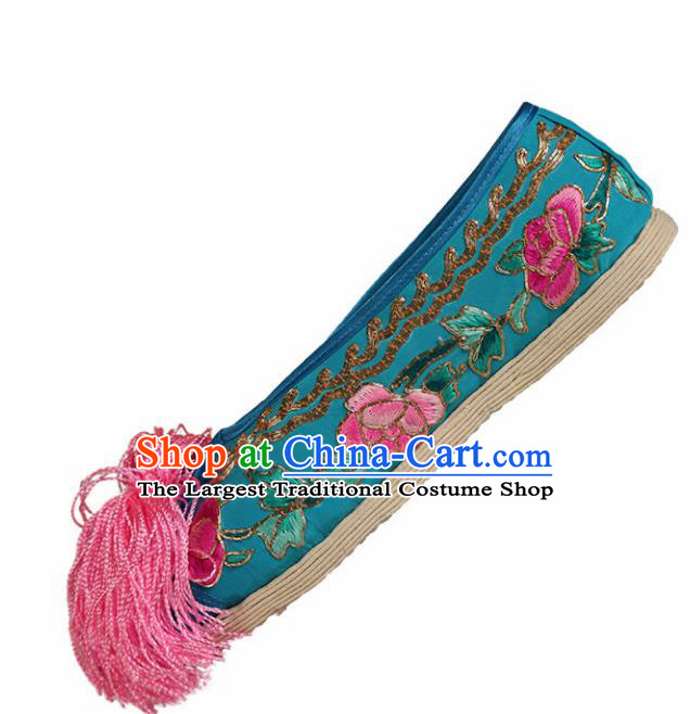 Asian Chinese Beijing Opera Shoes Blue Cloth Embroidered Shoes Traditional Peking Opera Diva Shoes