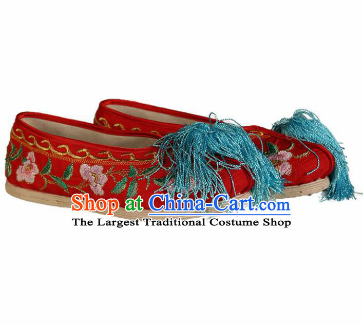 Asian Chinese Beijing Opera Shoes Red Satin Embroidered Shoes Traditional Peking Opera Diva Shoes