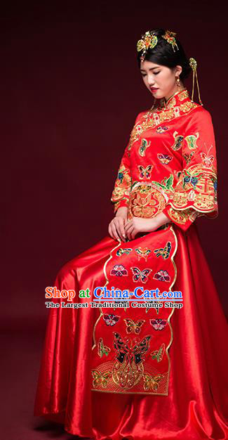 Traditional Chinese Ancient Wedding Costume Bride Embroidered Butterfly Xiuhe Suits for Women