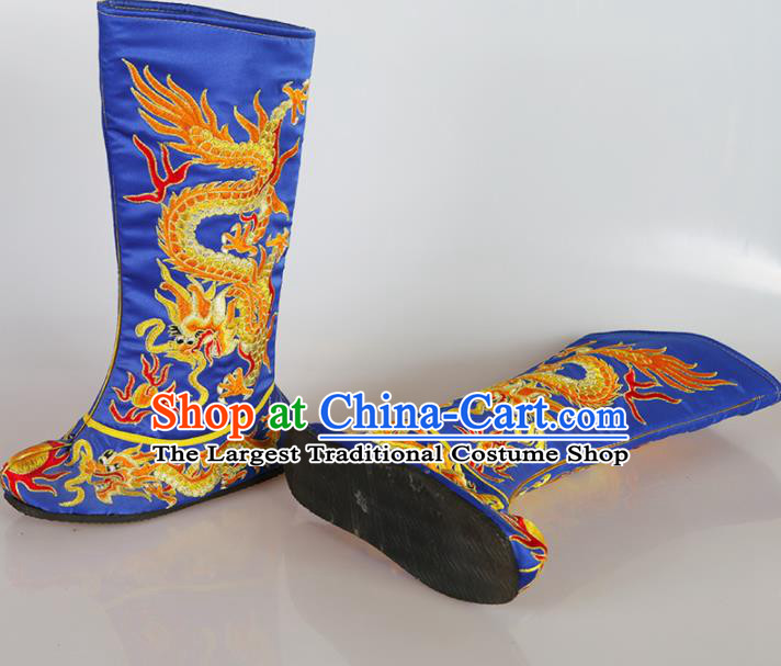 Asian Chinese Beijing Opera Shoes Emperor Royalblue Embroidered Boots Traditional Peking Opera Shoes