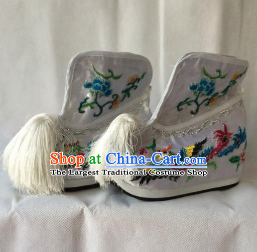 Asian Chinese Beijing Opera Shoes Ancient Princess Boots White Embroidered Shoes for Women