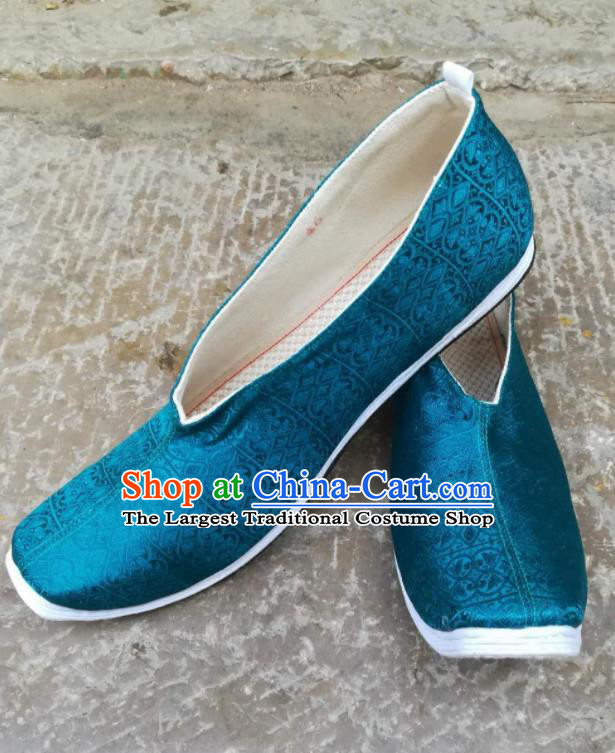 Asian Chinese Traditional Hanfu Shoes Ancient Song Dynasty Lake Blue Brocade Shoes for Men