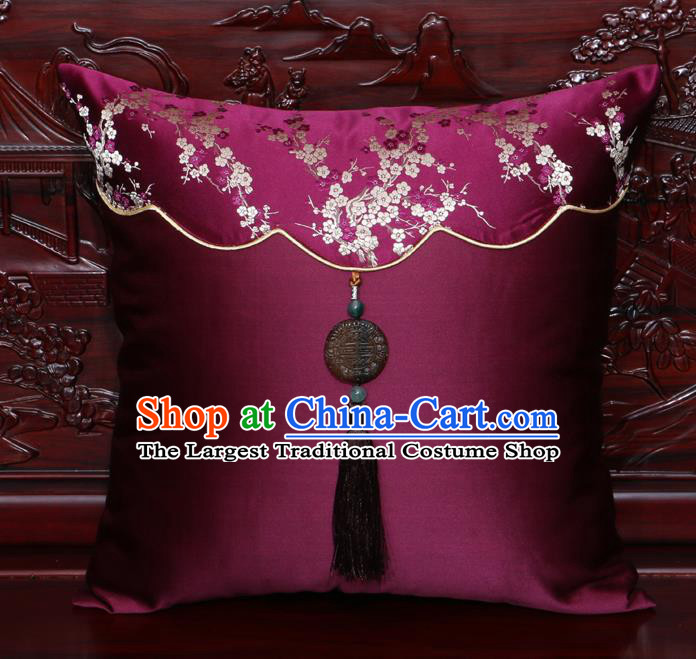 Chinese Classical Plum Blossom Pattern Jade Pendant Wine Red Brocade Square Cushion Cover Traditional Household Ornament