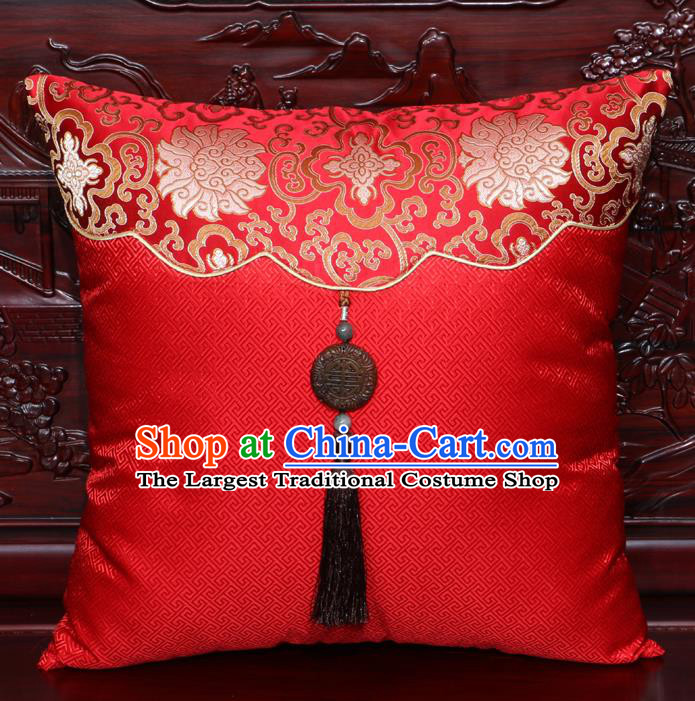 Chinese Classical Lotus Pattern Jade Pendant Red Brocade Square Cushion Cover Traditional Household Ornament