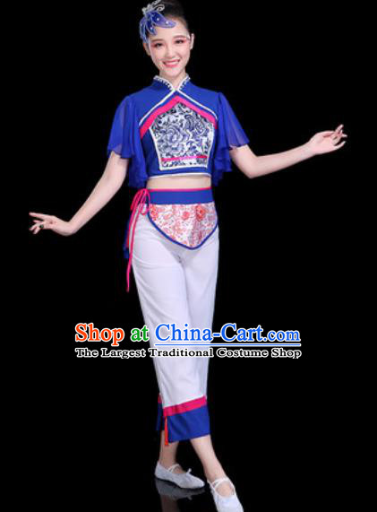Chinese Traditional Yangko Dance Costume Folk Dance Fan Dance Blue Clothing for Women