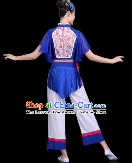 Chinese Traditional Yangko Dance Costume Folk Dance Fan Dance Blue Clothing for Women