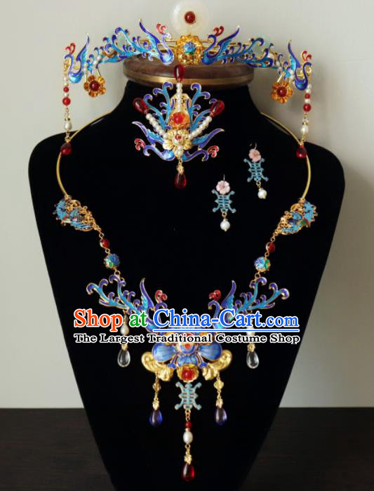 Chinese Ancient Palace Hair Accessories Traditional Classical Blueing Phoenix Coronet Hairpins for Women