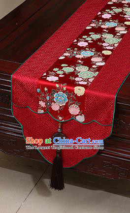 Chinese Traditional Peony Pattern Red Brocade Table Flag Classical Satin Household Ornament Table Cover