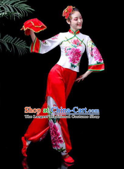 Traditional Chinese Stage Performance Costume Folk Dance Fan Dance Printing Peony Clothing for Women