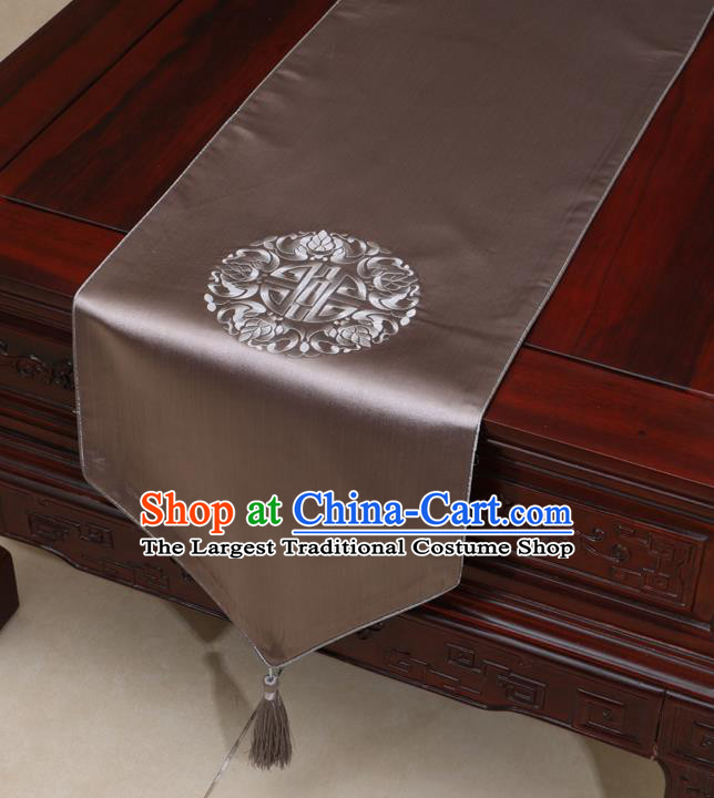 Chinese Classical Embroidered Pattern Brown Brocade Table Flag Traditional Satin Household Ornament Table Cover