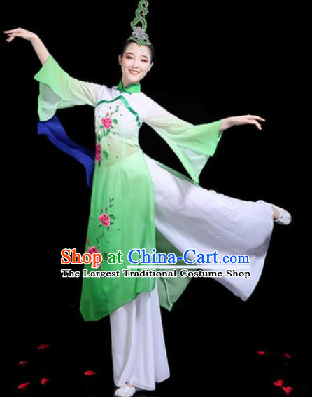 Traditional Chinese Stage Performance Costume Classical Dance Umbrella Dance Green Dress for Women