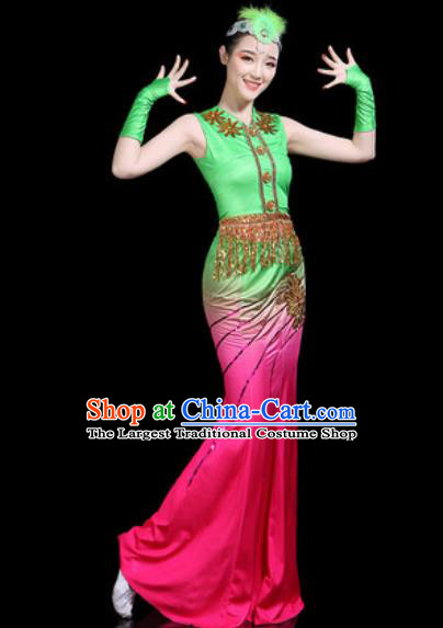 Chinese Traditional Ethnic Pavane Dance Costume Dai Nationality Peacock Dance Rosy Dress for Women