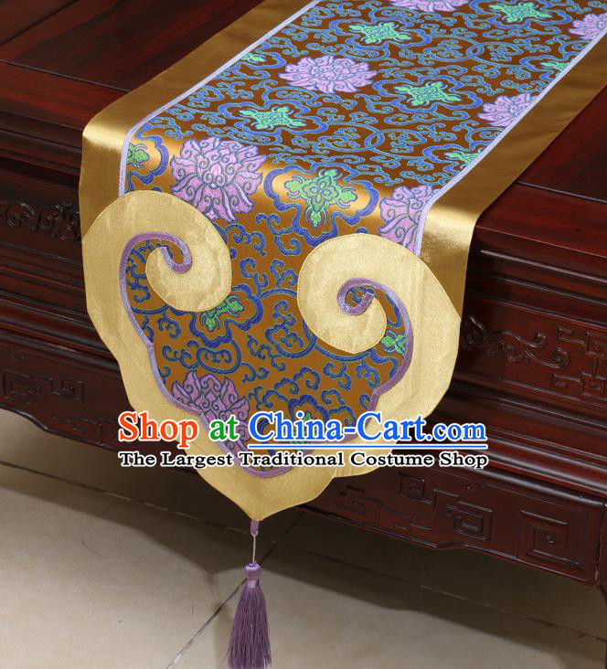 Chinese Classical Lotus Pattern Bronze Satin Table Flag Traditional Brocade Household Ornament Table Cover