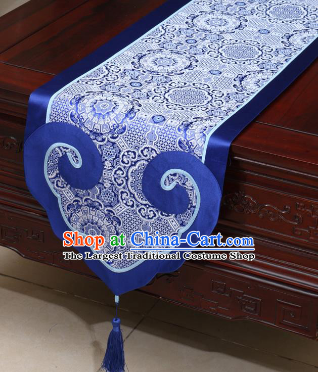 Chinese Classical Pattern Royalblue Satin Table Flag Traditional Brocade Household Ornament Table Cover