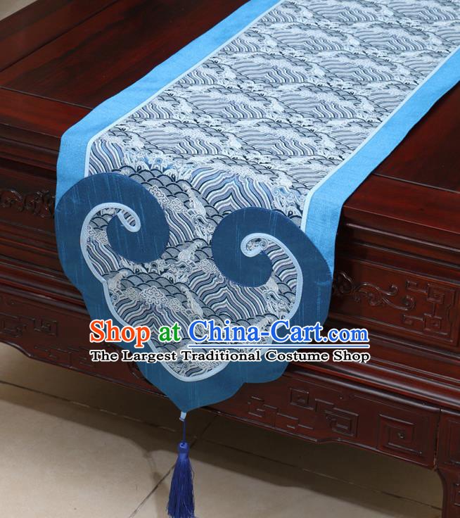 Chinese Classical Pattern Blue Satin Table Flag Traditional Brocade Household Ornament Table Cover