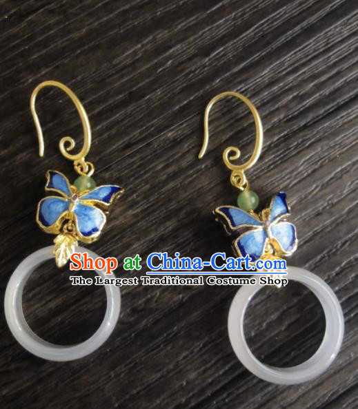 Chinese Ancient Palace Jewelry Accessories Traditional Classical Hanfu Blueing Butterfly Jade Earrings for Women