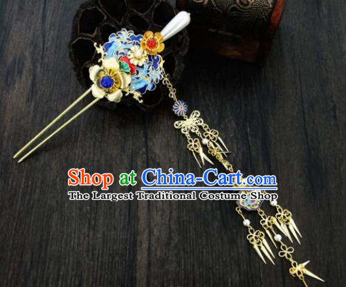 Chinese Ancient Palace Tassel Step Shake Hair Accessories Traditional Classical Blueing Hairpins for Women