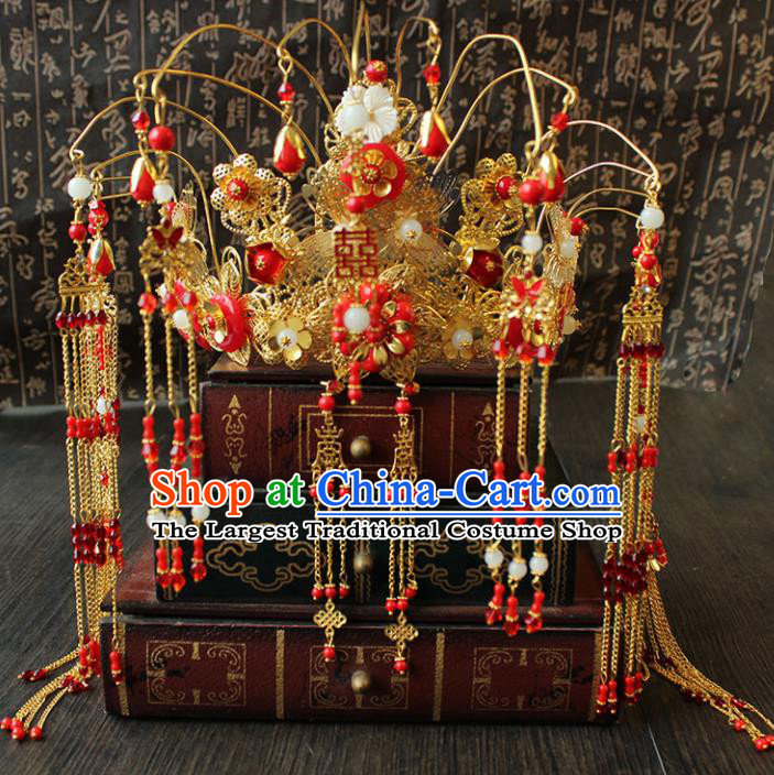 Chinese Ancient Palace Hair Accessories Traditional Wedding Classical Red Tassel Phoenix Coronet Hairpins for Women