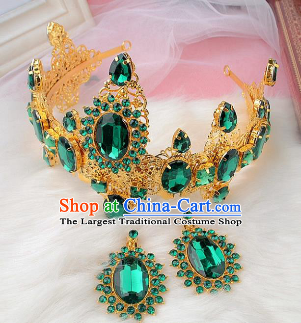 Top Grade Handmade Hair Accessories Classical Bride Green Gem Royal Crown and Earrings for Women