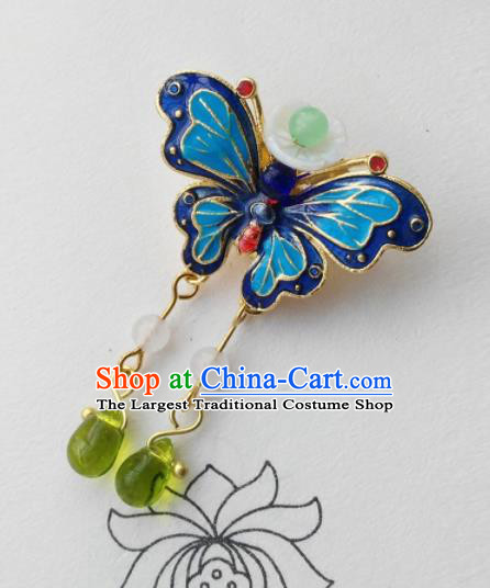 Chinese Ancient Palace Jewelry Accessories Traditional Classical Blueing Butterfly Tassel Brooch for Women