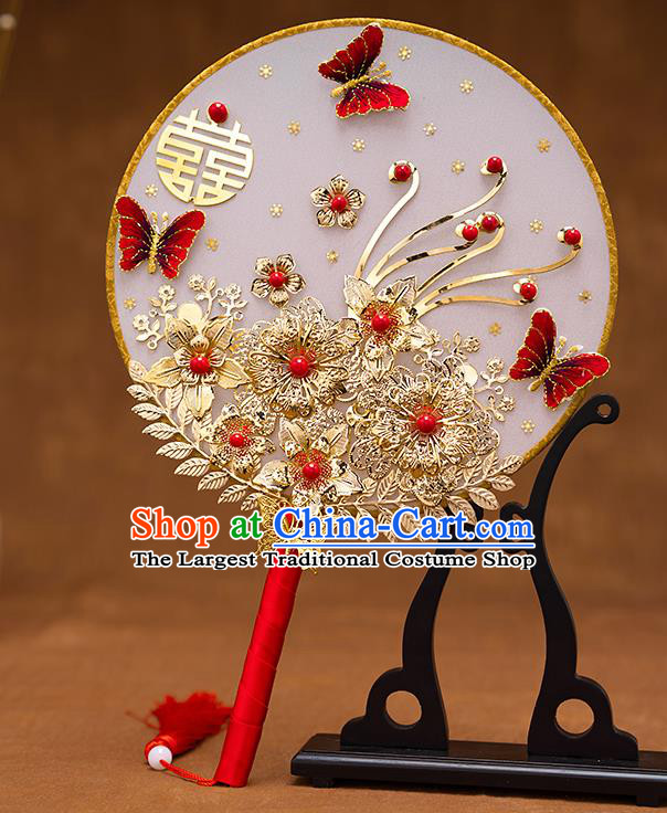 Chinese Ancient Bride Accessories Traditional Wedding Classical Red Butterfly Palace Fans for Women