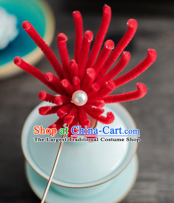 Chinese Ancient Queen Hair Accessories Traditional Hanfu Red Chrysanthemum Hairpins for Women