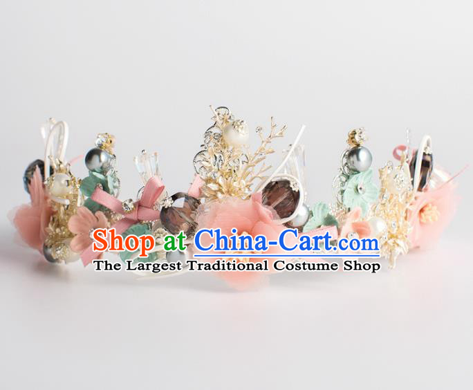 Handmade Wedding Hair Accessories Baroque Queen Pink Silk Flowers Royal Crown for Women
