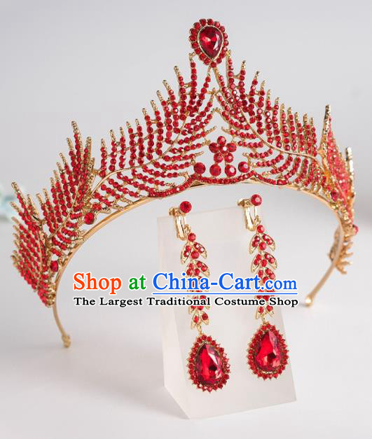 Handmade Wedding Hair Accessories Princess Red Crystal Royal Crown for Women