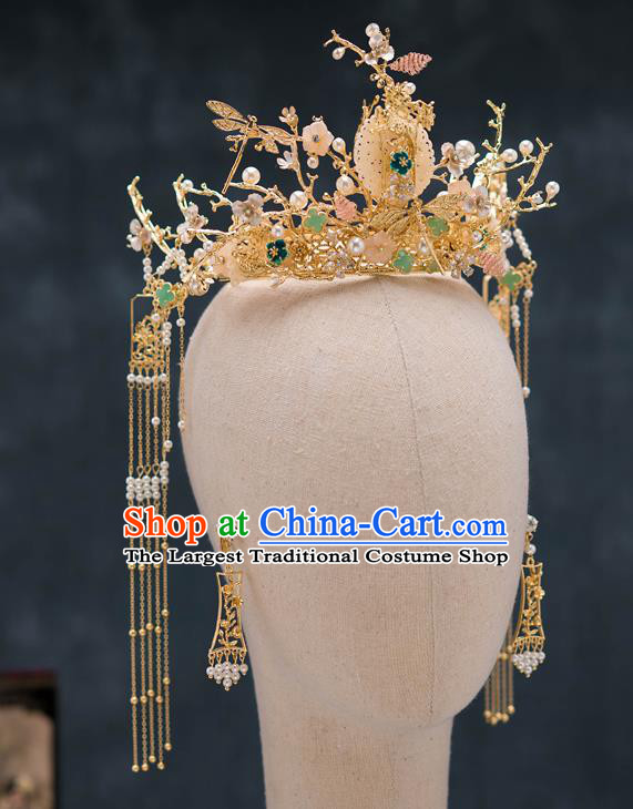 Chinese Ancient Palace Hair Accessories Tassel Hairpins Traditional Bride Jade Phoenix Coronet for Women