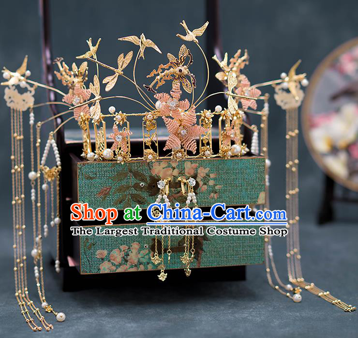 Chinese Ancient Palace Hair Accessories Hairpins Traditional Bride Golden Dragonfly Phoenix Coronet for Women