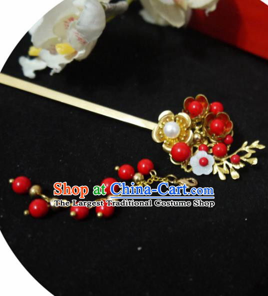 Chinese Ancient Hair Accessories Traditional Bride Hanfu Red Beads Tassel Hairpins for Women