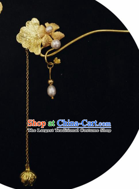 Chinese Ancient Hair Accessories Traditional Bride Hanfu Golden Ginkgo Tassel Hairpins for Women