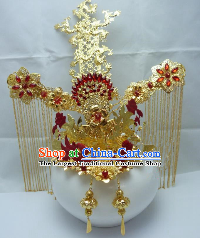 Chinese Traditional Palace Hairpins Ancient Han Dynasty Queen Red Phoenix Coronet Hair Accessories for Women